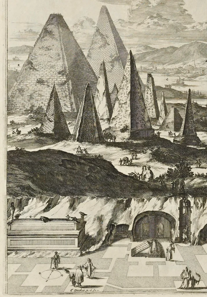 An illustration from Athanasii Kircheri è Societ. Jesu, Sphinx mystagoga, sive, Diatribe hieroglyphica : qua mumiae, ex Memphiticis pyramidum adytis erutae, & non ita pridem in Galliam transmissae, juxta veterum hieromystarum mentem, intentionemque, plena fide & exacta exhibetur interpretatio : ad inclytos, abstrusiorumque cognitionum peritia instructissimos Galliae philologos directa, 1676, leaf 21