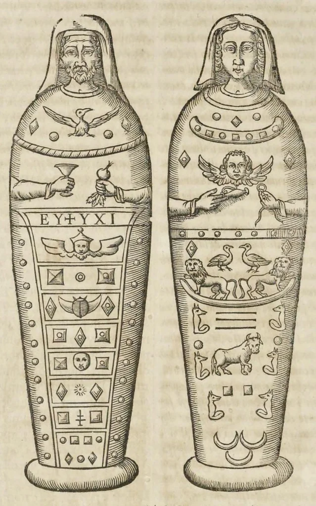 An illustration from Athanasii Kircheri è Societ. Jesu, Sphinx mystagoga, sive, Diatribe hieroglyphica : qua mumiae, ex Memphiticis pyramidum adytis erutae, & non ita pridem in Galliam transmissae, juxta veterum hieromystarum mentem, intentionemque, plena fide & exacta exhibetur interpretatio : ad inclytos, abstrusiorumque cognitionum peritia instructissimos Galliae philologos directa, 1676, leaf 45