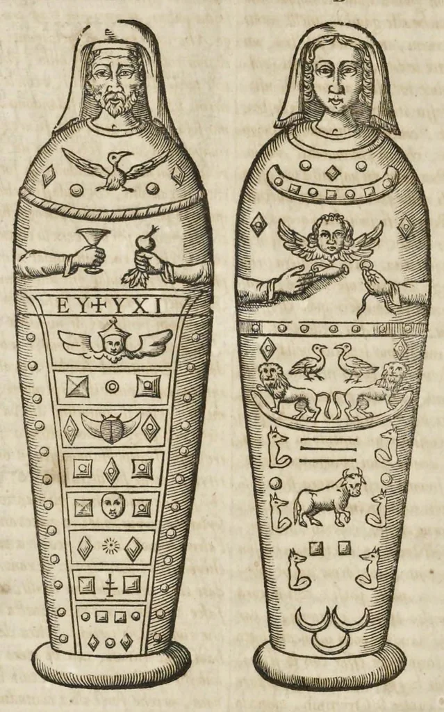 An illustration from Athanasii Kircheri è Societ. Jesu, Sphinx mystagoga, sive, Diatribe hieroglyphica : qua mumiae, ex Memphiticis pyramidum adytis erutae, & non ita pridem in Galliam transmissae, juxta veterum hieromystarum mentem, intentionemque, plena fide & exacta exhibetur interpretatio : ad inclytos, abstrusiorumque cognitionum peritia instructissimos Galliae philologos directa, 1676, leaf 47