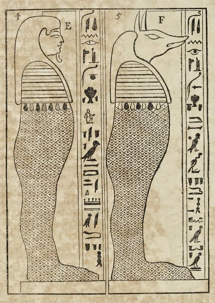 An illustration from Athanasii Kircheri è Societ. Jesu, Sphinx mystagoga, sive, Diatribe hieroglyphica : qua mumiae, ex Memphiticis pyramidum adytis erutae, & non ita pridem in Galliam transmissae, juxta veterum hieromystarum mentem, intentionemque, plena fide & exacta exhibetur interpretatio : ad inclytos, abstrusiorumque cognitionum peritia instructissimos Galliae philologos directa, 1676, leaf 63
