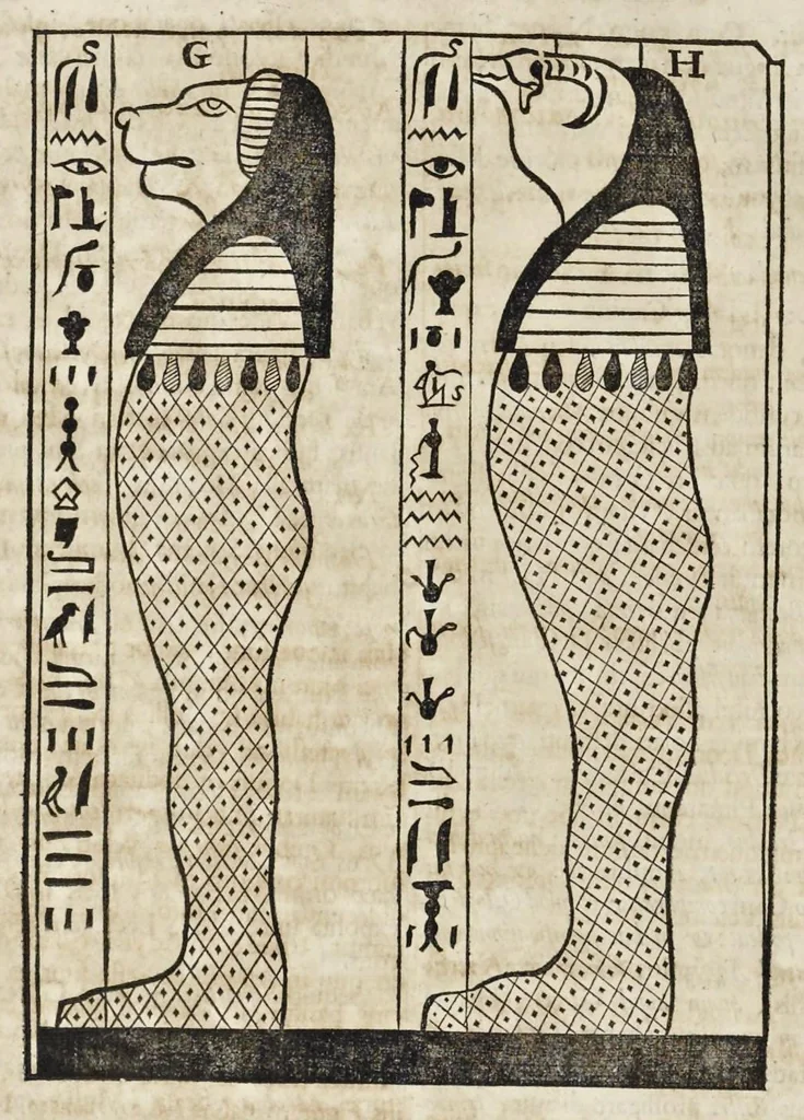 An illustration from Athanasii Kircheri è Societ. Jesu, Sphinx mystagoga, sive, Diatribe hieroglyphica : qua mumiae, ex Memphiticis pyramidum adytis erutae, & non ita pridem in Galliam transmissae, juxta veterum hieromystarum mentem, intentionemque, plena fide & exacta exhibetur interpretatio : ad inclytos, abstrusiorumque cognitionum peritia instructissimos Galliae philologos directa, 1676, leaf 65