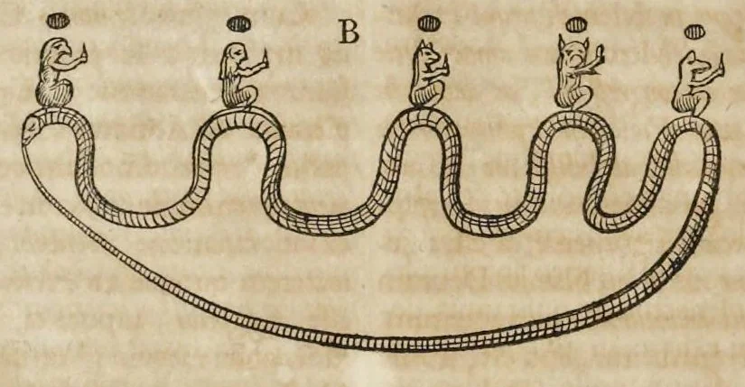 An illustration from Athanasii Kircheri è Societ. Jesu, Sphinx mystagoga, sive, Diatribe hieroglyphica : qua mumiae, ex Memphiticis pyramidum adytis erutae, & non ita pridem in Galliam transmissae, juxta veterum hieromystarum mentem, intentionemque, plena fide & exacta exhibetur interpretatio : ad inclytos, abstrusiorumque cognitionum peritia instructissimos Galliae philologos directa, 1676, leaf 89