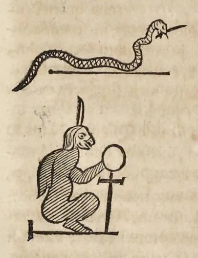 An illustration from Athanasii Kircheri è Societ. Jesu, Sphinx mystagoga, sive, Diatribe hieroglyphica : qua mumiae, ex Memphiticis pyramidum adytis erutae, & non ita pridem in Galliam transmissae, juxta veterum hieromystarum mentem, intentionemque, plena fide & exacta exhibetur interpretatio : ad inclytos, abstrusiorumque cognitionum peritia instructissimos Galliae philologos directa, 1676, leaf 98