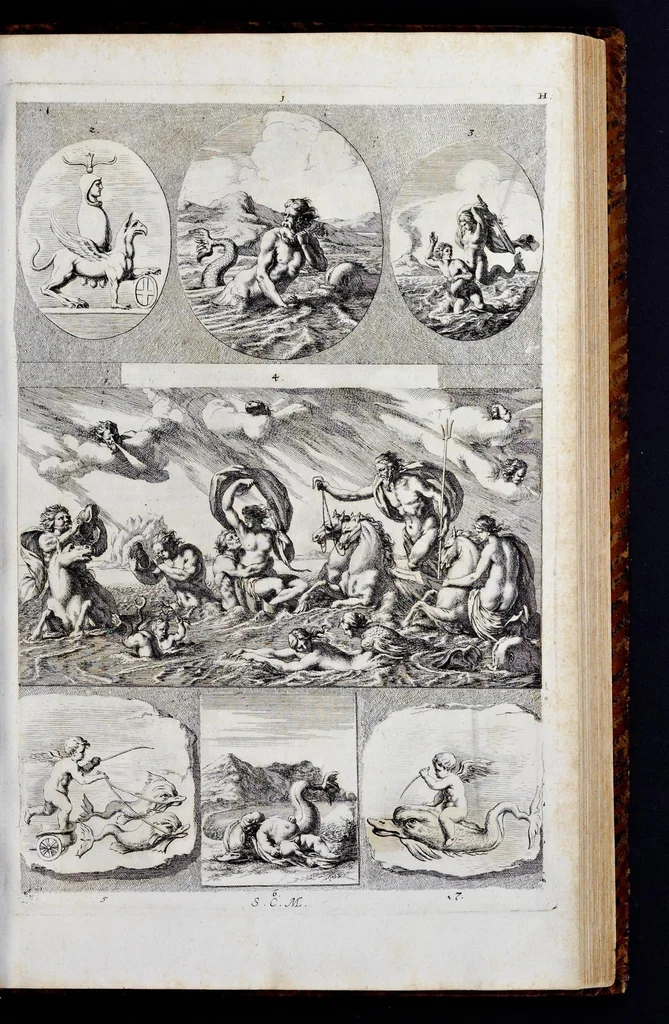 An illustration from Iconologia deorum, oder, Abbildung der Götter : welche von den Alten verehret worden : aus den welt-berühmtesten Antichen der Griechischen und Römischen Statuen : auch in Marmel, Porfido-Stein, Metall, Agat, Onyx, Sardonich und andren Edelsteinen befindlichen Bildereyen, sorgfältig abgesehen ..., 1680, leaf 152