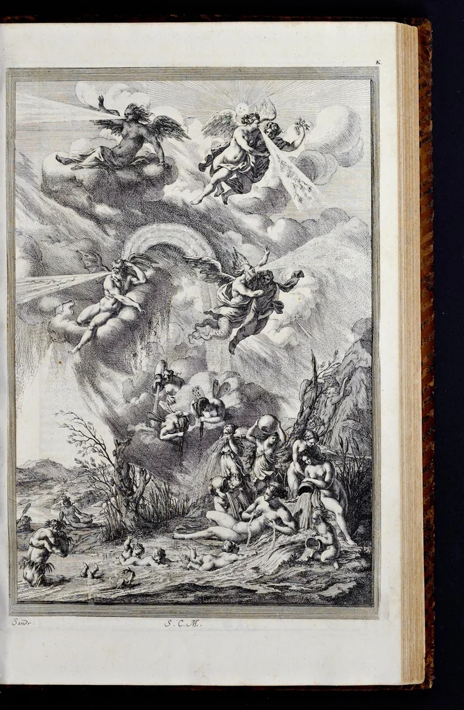 An illustration from Iconologia deorum, oder, Abbildung der Götter : welche von den Alten verehret worden : aus den welt-berühmtesten Antichen der Griechischen und Römischen Statuen : auch in Marmel, Porfido-Stein, Metall, Agat, Onyx, Sardonich und andren Edelsteinen befindlichen Bildereyen, sorgfältig abgesehen ..., 1680, leaf 164