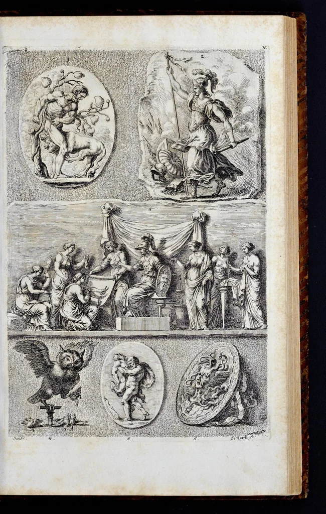 An illustration from Iconologia deorum, oder, Abbildung der Götter : welche von den Alten verehret worden : aus den welt-berühmtesten Antichen der Griechischen und Römischen Statuen : auch in Marmel, Porfido-Stein, Metall, Agat, Onyx, Sardonich und andren Edelsteinen befindlichen Bildereyen, sorgfältig abgesehen ..., 1680, leaf 204