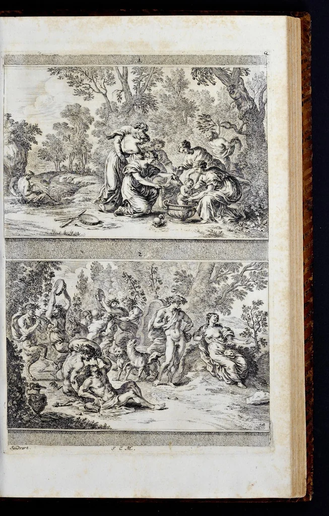An illustration from Iconologia deorum, oder, Abbildung der Götter : welche von den Alten verehret worden : aus den welt-berühmtesten Antichen der Griechischen und Römischen Statuen : auch in Marmel, Porfido-Stein, Metall, Agat, Onyx, Sardonich und andren Edelsteinen befindlichen Bildereyen, sorgfältig abgesehen ..., 1680, leaf 230