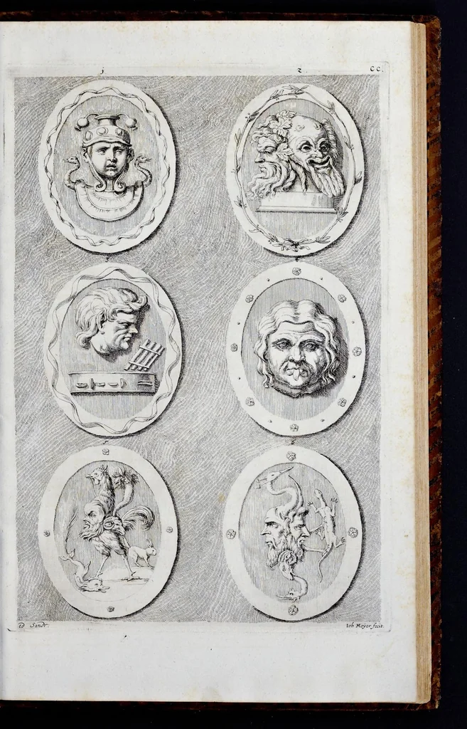 An illustration from Iconologia deorum, oder, Abbildung der Götter : welche von den Alten verehret worden : aus den welt-berühmtesten Antichen der Griechischen und Römischen Statuen : auch in Marmel, Porfido-Stein, Metall, Agat, Onyx, Sardonich und andren Edelsteinen befindlichen Bildereyen, sorgfältig abgesehen ..., 1680, leaf 300