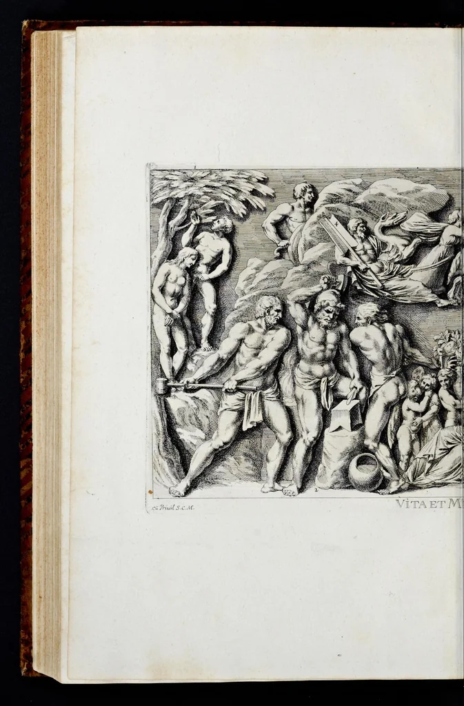 An illustration from Iconologia deorum, oder, Abbildung der Götter : welche von den Alten verehret worden : aus den welt-berühmtesten Antichen der Griechischen und Römischen Statuen : auch in Marmel, Porfido-Stein, Metall, Agat, Onyx, Sardonich und andren Edelsteinen befindlichen Bildereyen, sorgfältig abgesehen ..., 1680, leaf 303