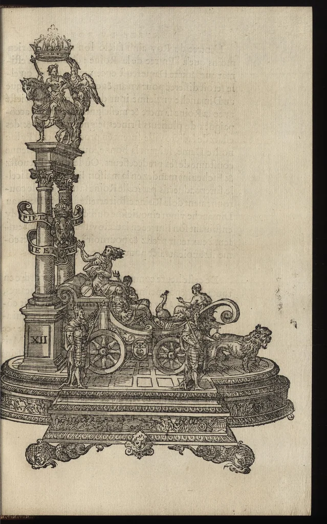 An illustration from Bref et sommaire recueil de ce qui a esté faict, & de l'ordre tenüe à la ioyeuse & triumphante entree de tres-puissant, tres-magnanime & tres-chrestien Prince Charles IX. de ce nom, roy de France, en sa bonne ville & cité de Paris, capitale de son royaume, le mardy sixiesme iour de mars : avec Le covronnement de tres-haute, tres-illustre & tres-excellente Princesse Madame Elizabet d'Austriche son espouse, le dimanche vingtcinquiesme ; et Entree de ladicte Dame en icelle ville ieudi XXIX. dudict mois de mars, M.D.LXXI, 1572, leaf 118
