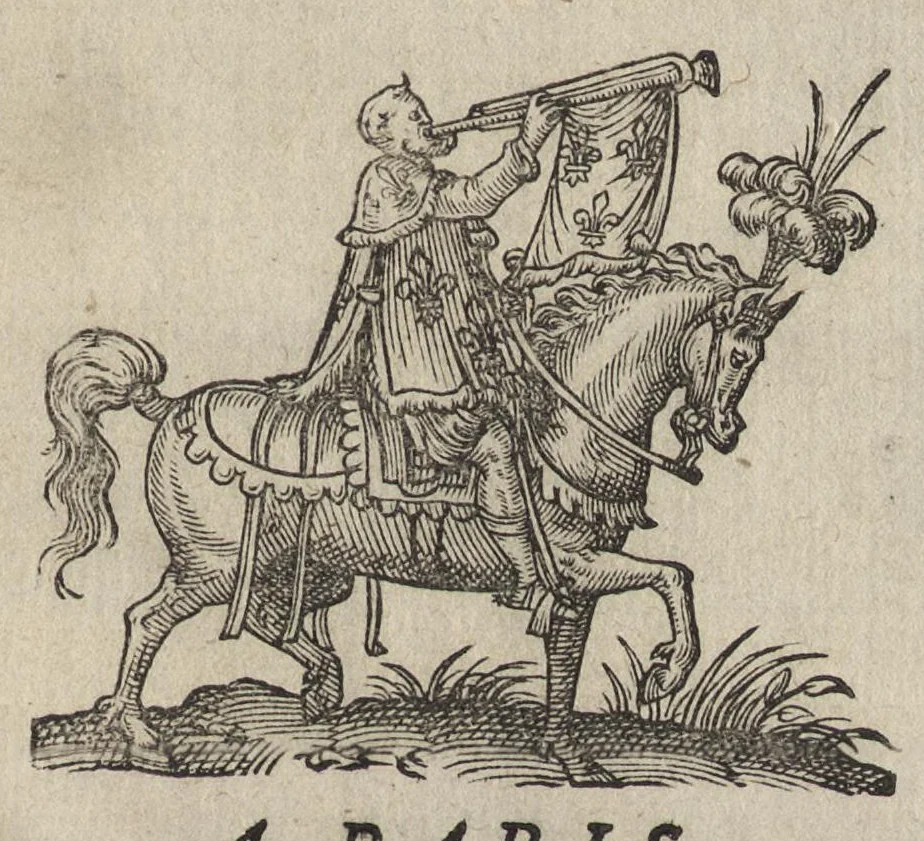 An illustration from Bref et sommaire recueil de ce qui a esté faict, & de l'ordre tenüe à la ioyeuse & triumphante entree de tres-puissant, tres-magnanime & tres-chrestien Prince Charles IX. de ce nom, roy de France, en sa bonne ville & cité de Paris, capitale de son royaume, le mardy sixiesme iour de mars : avec Le covronnement de tres-haute, tres-illustre & tres-excellente Princesse Madame Elizabet d'Austriche son espouse, le dimanche vingtcinquiesme ; et Entree de ladicte Dame en icelle ville ieudi XXIX. dudict mois de mars, M.D.LXXI, 1572, leaf 120