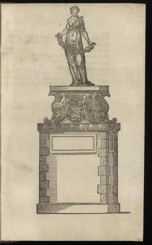 An illustration from Bref et sommaire recueil de ce qui a esté faict, & de l'ordre tenüe à la ioyeuse & triumphante entree de tres-puissant, tres-magnanime & tres-chrestien Prince Charles IX. de ce nom, roy de France, en sa bonne ville & cité de Paris, capitale de son royaume, le mardy sixiesme iour de mars : avec Le covronnement de tres-haute, tres-illustre & tres-excellente Princesse Madame Elizabet d'Austriche son espouse, le dimanche vingtcinquiesme ; et Entree de ladicte Dame en icelle ville ieudi XXIX. dudict mois de mars, M.D.LXXI, 1572, leaf 156