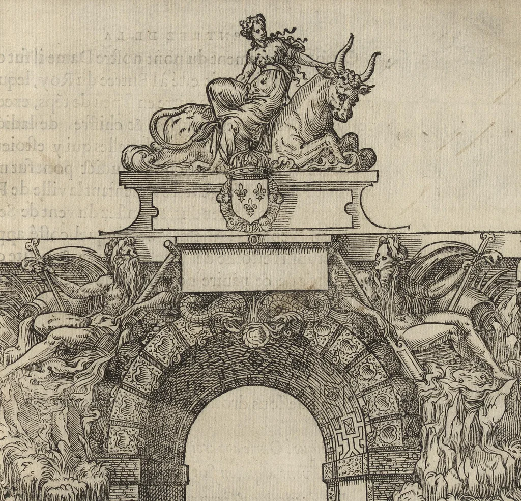 An illustration from Bref et sommaire recueil de ce qui a esté faict, & de l'ordre tenüe à la ioyeuse & triumphante entree de tres-puissant, tres-magnanime & tres-chrestien Prince Charles IX. de ce nom, roy de France, en sa bonne ville & cité de Paris, capitale de son royaume, le mardy sixiesme iour de mars : avec Le covronnement de tres-haute, tres-illustre & tres-excellente Princesse Madame Elizabet d'Austriche son espouse, le dimanche vingtcinquiesme ; et Entree de ladicte Dame en icelle ville ieudi XXIX. dudict mois de mars, M.D.LXXI, 1572, leaf 162
