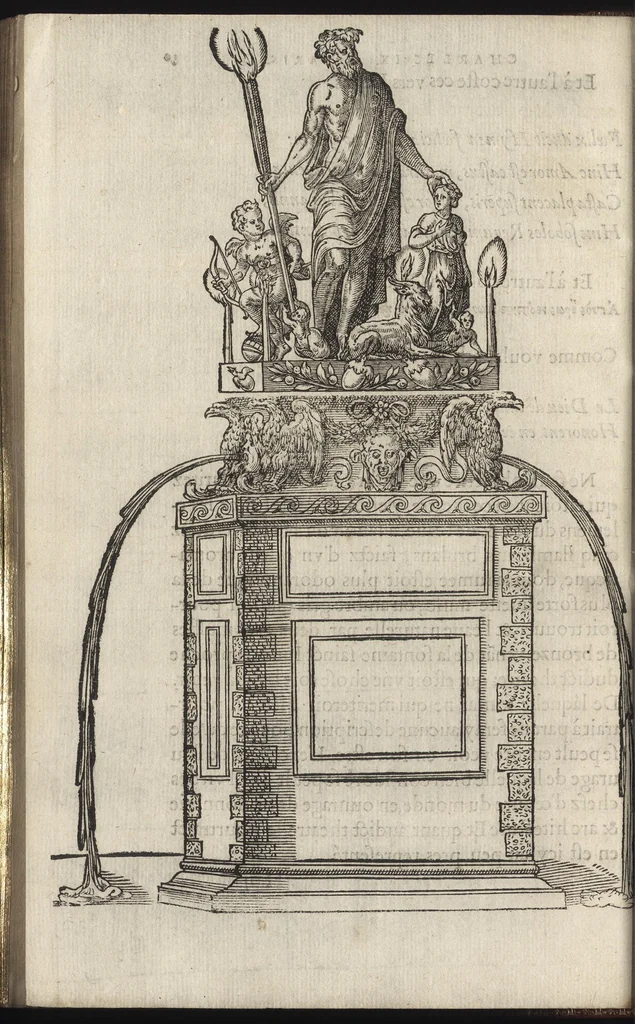 An illustration from Bref et sommaire recueil de ce qui a esté faict, & de l'ordre tenüe à la ioyeuse & triumphante entree de tres-puissant, tres-magnanime & tres-chrestien Prince Charles IX. de ce nom, roy de France, en sa bonne ville & cité de Paris, capitale de son royaume, le mardy sixiesme iour de mars : avec Le covronnement de tres-haute, tres-illustre & tres-excellente Princesse Madame Elizabet d'Austriche son espouse, le dimanche vingtcinquiesme ; et Entree de ladicte Dame en icelle ville ieudi XXIX. dudict mois de mars, M.D.LXXI, 1572, leaf 67