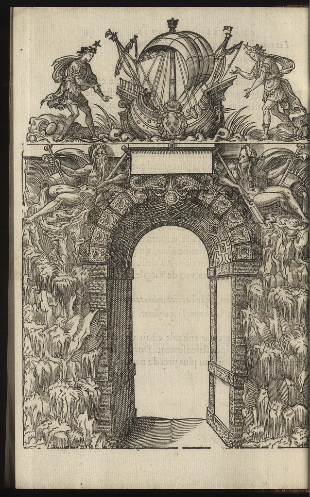 An illustration from Bref et sommaire recueil de ce qui a esté faict, & de l'ordre tenüe à la ioyeuse & triumphante entree de tres-puissant, tres-magnanime & tres-chrestien Prince Charles IX. de ce nom, roy de France, en sa bonne ville & cité de Paris, capitale de son royaume, le mardy sixiesme iour de mars : avec Le covronnement de tres-haute, tres-illustre & tres-excellente Princesse Madame Elizabet d'Austriche son espouse, le dimanche vingtcinquiesme ; et Entree de ladicte Dame en icelle ville ieudi XXIX. dudict mois de mars, M.D.LXXI, 1572, leaf 79