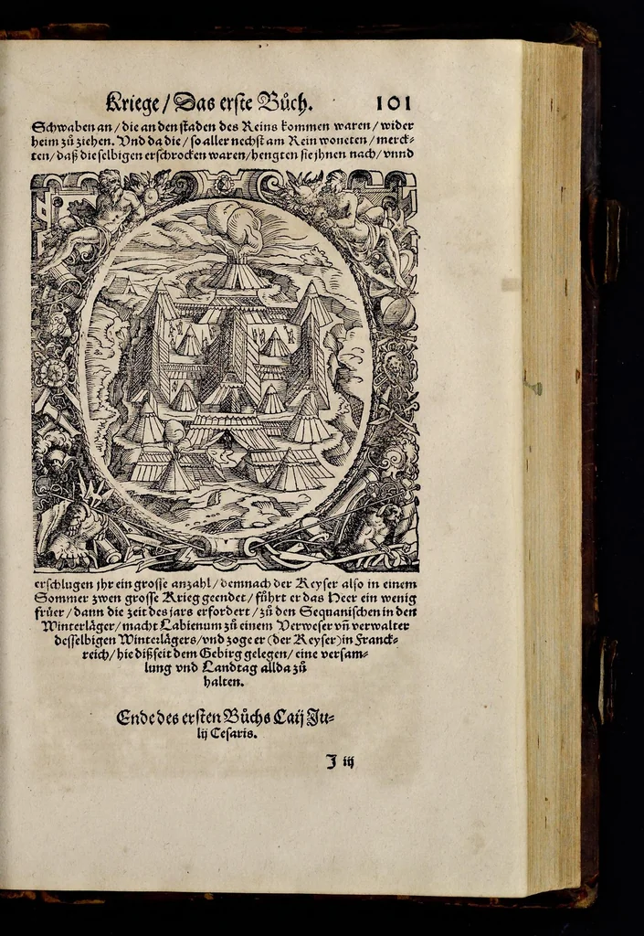 An illustration from C. Julij des Ersten Rö. Keysers, Warhafftige Beschreibunge aller namhafften fürtrefflichen Kriege ... sampt den Büchern Auli Hircij Antopij von den Schlachten, die wolgedachter Julius zu Alexandria, item in Africa vnd wider die Spanier gethan hat, 1565, leaf 114