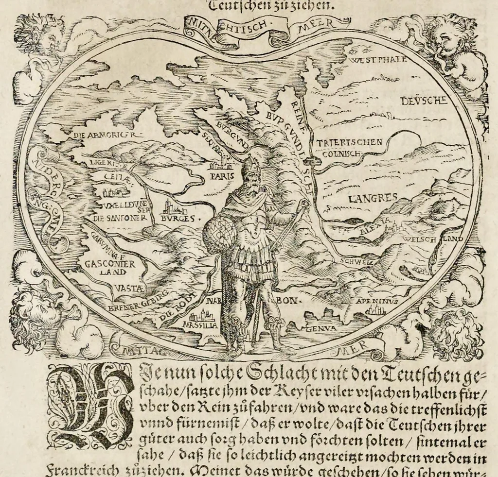 An illustration from C. Julij des Ersten Rö. Keysers, Warhafftige Beschreibunge aller namhafften fürtrefflichen Kriege ... sampt den Büchern Auli Hircij Antopij von den Schlachten, die wolgedachter Julius zu Alexandria, item in Africa vnd wider die Spanier gethan hat, 1565, leaf 163