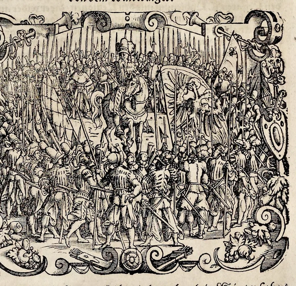 An illustration from C. Julij des Ersten Rö. Keysers, Warhafftige Beschreibunge aller namhafften fürtrefflichen Kriege ... sampt den Büchern Auli Hircij Antopij von den Schlachten, die wolgedachter Julius zu Alexandria, item in Africa vnd wider die Spanier gethan hat, 1565, leaf 176