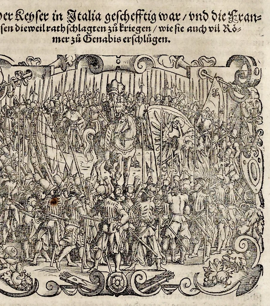 An illustration from C. Julij des Ersten Rö. Keysers, Warhafftige Beschreibunge aller namhafften fürtrefflichen Kriege ... sampt den Büchern Auli Hircij Antopij von den Schlachten, die wolgedachter Julius zu Alexandria, item in Africa vnd wider die Spanier gethan hat, 1565, leaf 242
