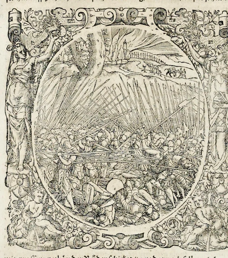 An illustration from C. Julij des Ersten Rö. Keysers, Warhafftige Beschreibunge aller namhafften fürtrefflichen Kriege ... sampt den Büchern Auli Hircij Antopij von den Schlachten, die wolgedachter Julius zu Alexandria, item in Africa vnd wider die Spanier gethan hat, 1565, leaf 275