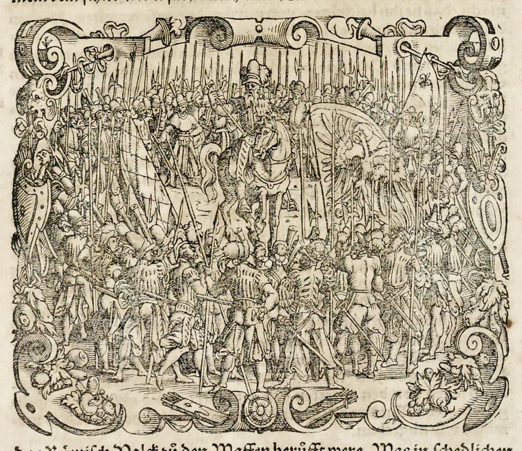 An illustration from C. Julij des Ersten Rö. Keysers, Warhafftige Beschreibunge aller namhafften fürtrefflichen Kriege ... sampt den Büchern Auli Hircij Antopij von den Schlachten, die wolgedachter Julius zu Alexandria, item in Africa vnd wider die Spanier gethan hat, 1565, leaf 335
