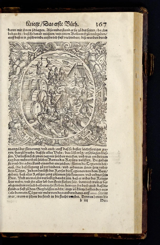 An illustration from C. Julij des Ersten Rö. Keysers, Warhafftige Beschreibunge aller namhafften fürtrefflichen Kriege ... sampt den Büchern Auli Hircij Antopij von den Schlachten, die wolgedachter Julius zu Alexandria, item in Africa vnd wider die Spanier gethan hat, 1565, leaf 380