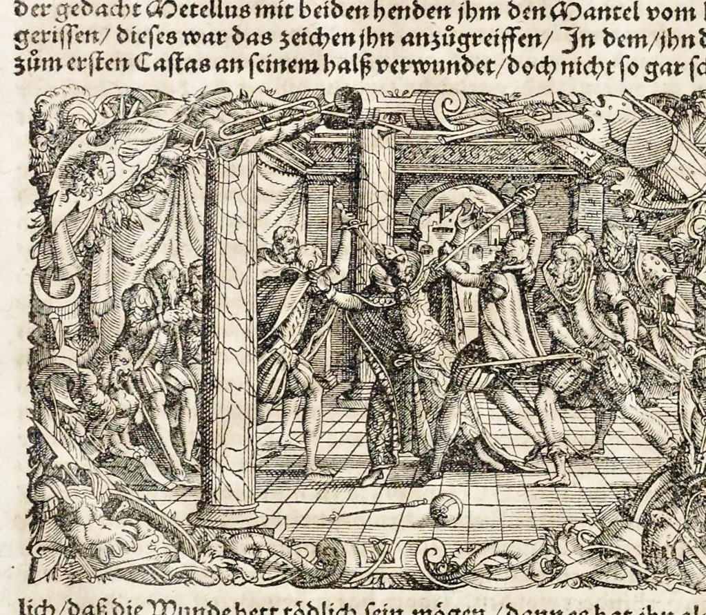 An illustration from C. Julij des Ersten Rö. Keysers, Warhafftige Beschreibunge aller namhafften fürtrefflichen Kriege ... sampt den Büchern Auli Hircij Antopij von den Schlachten, die wolgedachter Julius zu Alexandria, item in Africa vnd wider die Spanier gethan hat, 1565, leaf 63