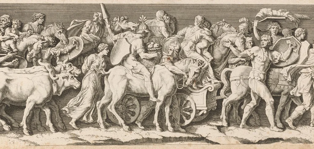 An illustration from L'entrée de l'empereur Sigismond a Mantoue : gravé en vingt cinq feuilles d'après une longue frise exécutée en stuc dans le Palais du T. de la même ville sur un dessin de Jules Romain, 1675, leaf 10