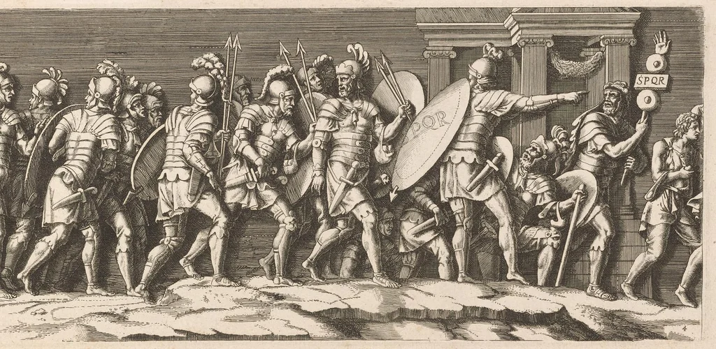 An illustration from L'entrée de l'empereur Sigismond a Mantoue : gravé en vingt cinq feuilles d'après une longue frise exécutée en stuc dans le Palais du T. de la même ville sur un dessin de Jules Romain, 1675, leaf 12