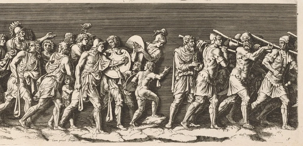 An illustration from L'entrée de l'empereur Sigismond a Mantoue : gravé en vingt cinq feuilles d'après une longue frise exécutée en stuc dans le Palais du T. de la même ville sur un dessin de Jules Romain, 1675, leaf 14