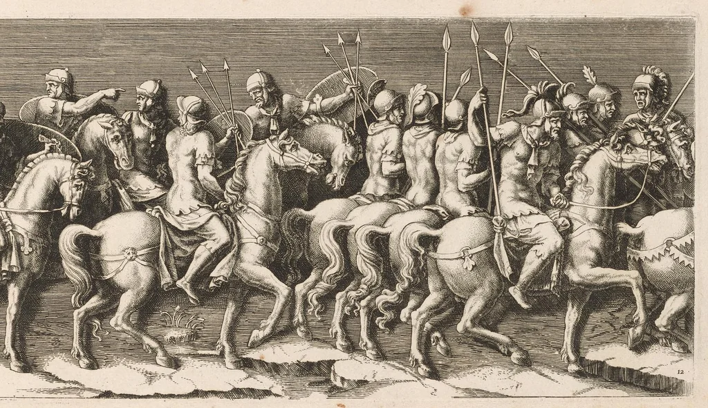 An illustration from L'entrée de l'empereur Sigismond a Mantoue : gravé en vingt cinq feuilles d'après une longue frise exécutée en stuc dans le Palais du T. de la même ville sur un dessin de Jules Romain, 1675, leaf 28