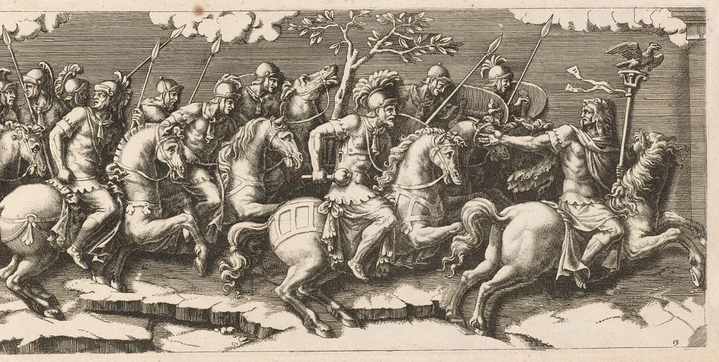 An illustration from L'entrée de l'empereur Sigismond a Mantoue : gravé en vingt cinq feuilles d'après une longue frise exécutée en stuc dans le Palais du T. de la même ville sur un dessin de Jules Romain, 1675, leaf 30