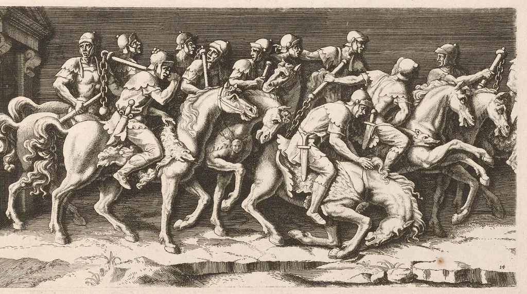 An illustration from L'entrée de l'empereur Sigismond a Mantoue : gravé en vingt cinq feuilles d'après une longue frise exécutée en stuc dans le Palais du T. de la même ville sur un dessin de Jules Romain, 1675, leaf 32
