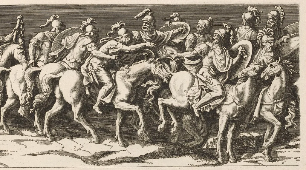 An illustration from L'entrée de l'empereur Sigismond a Mantoue : gravé en vingt cinq feuilles d'après une longue frise exécutée en stuc dans le Palais du T. de la même ville sur un dessin de Jules Romain, 1675, leaf 34