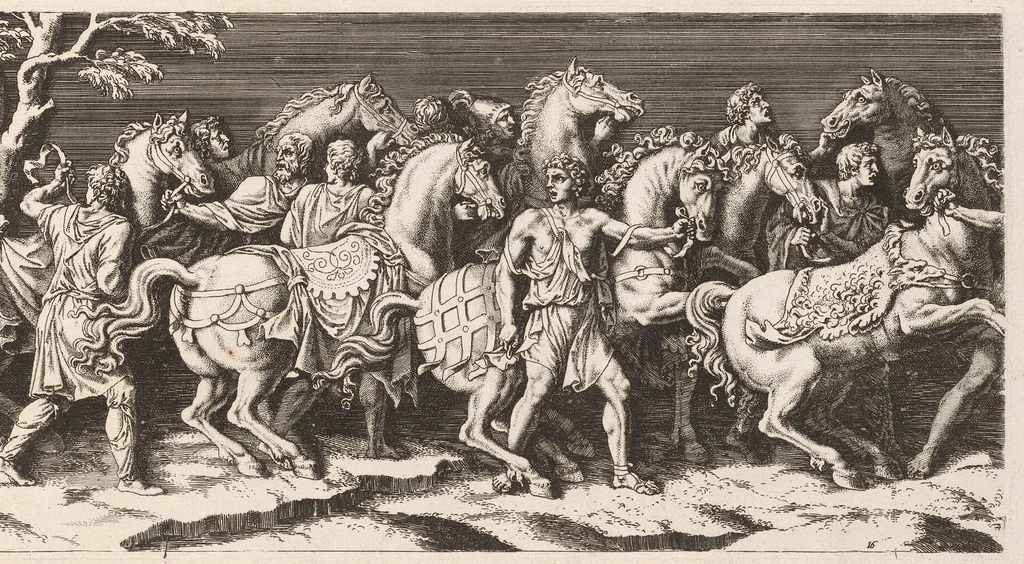 An illustration from L'entrée de l'empereur Sigismond a Mantoue : gravé en vingt cinq feuilles d'après une longue frise exécutée en stuc dans le Palais du T. de la même ville sur un dessin de Jules Romain, 1675, leaf 36
