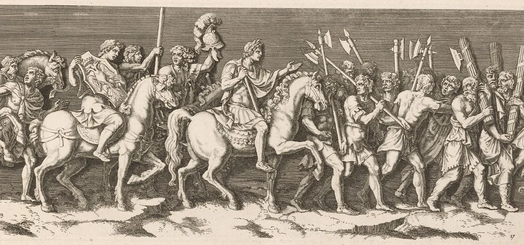 An illustration from L'entrée de l'empereur Sigismond a Mantoue : gravé en vingt cinq feuilles d'après une longue frise exécutée en stuc dans le Palais du T. de la même ville sur un dessin de Jules Romain, 1675, leaf 38