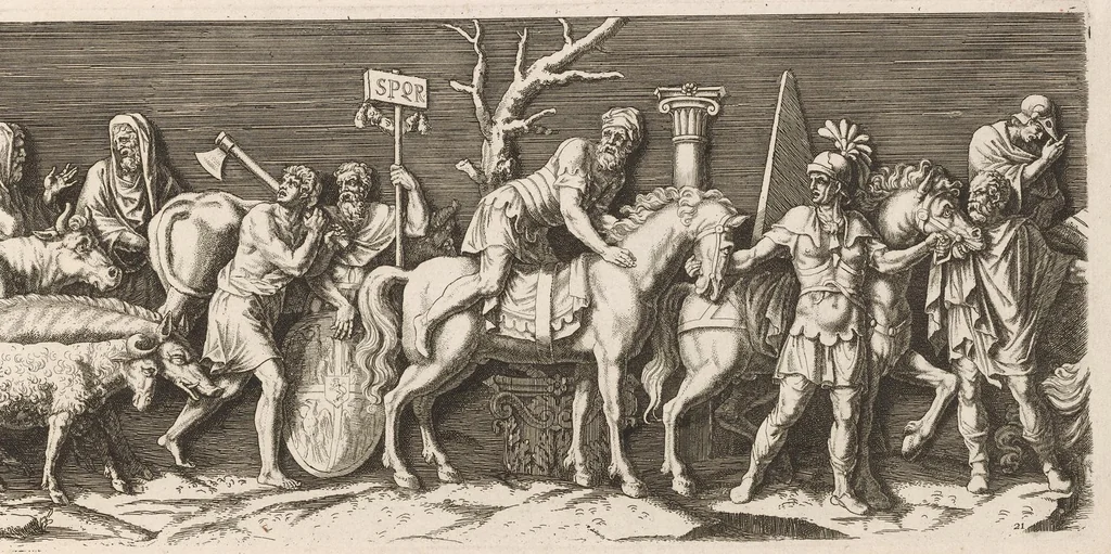 An illustration from L'entrée de l'empereur Sigismond a Mantoue : gravé en vingt cinq feuilles d'après une longue frise exécutée en stuc dans le Palais du T. de la même ville sur un dessin de Jules Romain, 1675, leaf 46