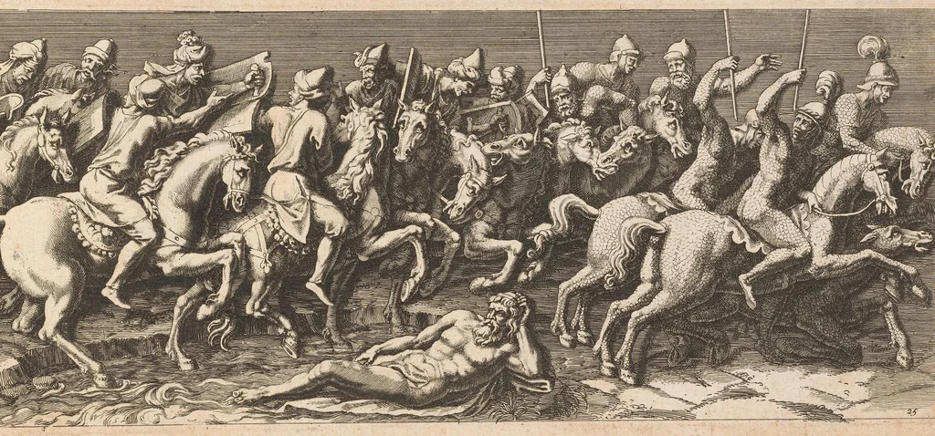 An illustration from L'entrée de l'empereur Sigismond a Mantoue : gravé en vingt cinq feuilles d'après une longue frise exécutée en stuc dans le Palais du T. de la même ville sur un dessin de Jules Romain, 1675, leaf 54