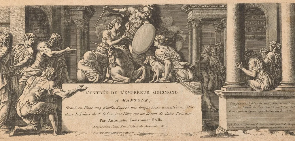 An illustration from L'entrée de l'empereur Sigismond a Mantoue : gravé en vingt cinq feuilles d'après une longue frise exécutée en stuc dans le Palais du T. de la même ville sur un dessin de Jules Romain, 1675, leaf 6