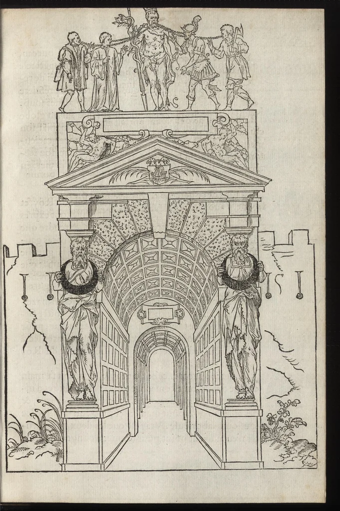 An illustration from C'est l'ordre qui a este tenu a la nouuelle et ioyeuse entrée, que treshault, tresexcelle[n]t, & trespuissa[n]t prince, le roy treschrestien Henry deuzieme de ce nom, à faicte en sa bonne ville & cité de Paris, capitale de son royaume, le sezieme iour de iuin M.D.XLIX, 1549, leaf 16