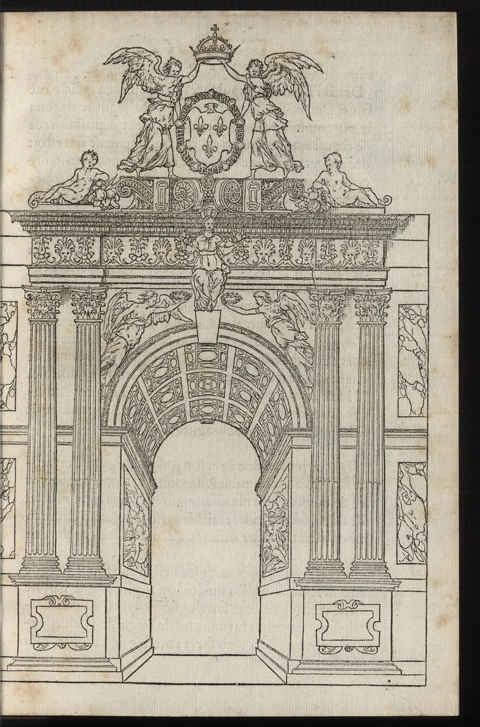 An illustration from C'est l'ordre qui a este tenu a la nouuelle et ioyeuse entrée, que treshault, tresexcelle[n]t, & trespuissa[n]t prince, le roy treschrestien Henry deuzieme de ce nom, à faicte en sa bonne ville & cité de Paris, capitale de son royaume, le sezieme iour de iuin M.D.XLIX, 1549, leaf 26
