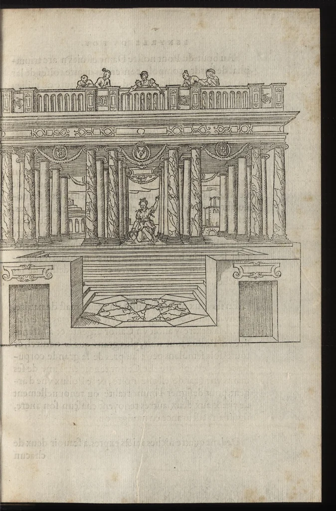 An illustration from C'est l'ordre qui a este tenu a la nouuelle et ioyeuse entrée, que treshault, tresexcelle[n]t, & trespuissa[n]t prince, le roy treschrestien Henry deuzieme de ce nom, à faicte en sa bonne ville & cité de Paris, capitale de son royaume, le sezieme iour de iuin M.D.XLIX, 1549, leaf 34