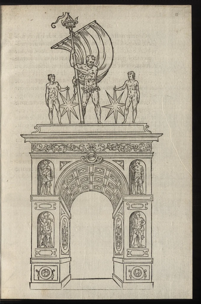 An illustration from C'est l'ordre qui a este tenu a la nouuelle et ioyeuse entrée, que treshault, tresexcelle[n]t, & trespuissa[n]t prince, le roy treschrestien Henry deuzieme de ce nom, à faicte en sa bonne ville & cité de Paris, capitale de son royaume, le sezieme iour de iuin M.D.XLIX, 1549, leaf 38
