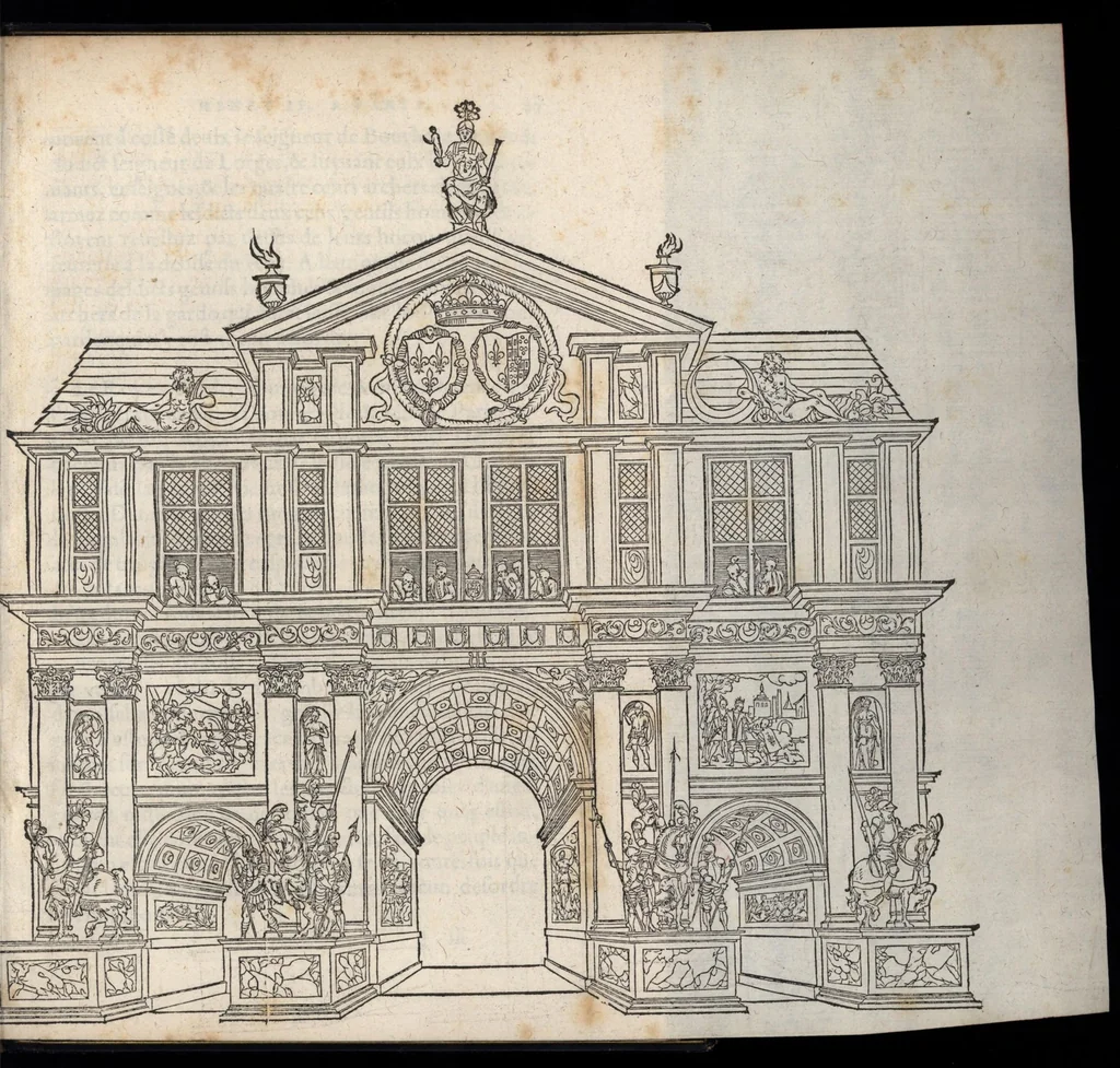 An illustration from C'est l'ordre qui a este tenu a la nouuelle et ioyeuse entrée, que treshault, tresexcelle[n]t, & trespuissa[n]t prince, le roy treschrestien Henry deuzieme de ce nom, à faicte en sa bonne ville & cité de Paris, capitale de son royaume, le sezieme iour de iuin M.D.XLIX, 1549, leaf 62