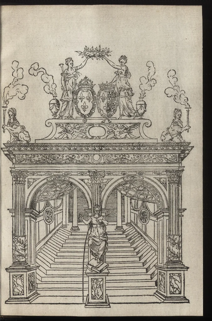 An illustration from C'est l'ordre qui a este tenu a la nouuelle et ioyeuse entrée, que treshault, tresexcelle[n]t, & trespuissa[n]t prince, le roy treschrestien Henry deuzieme de ce nom, à faicte en sa bonne ville & cité de Paris, capitale de son royaume, le sezieme iour de iuin M.D.XLIX, 1549, leaf 66