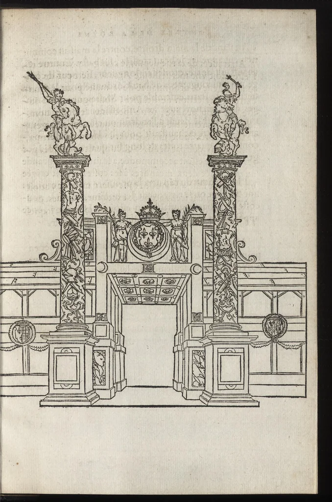 An illustration from C'est l'ordre qui a este tenu a la nouuelle et ioyeuse entrée, que treshault, tresexcelle[n]t, & trespuissa[n]t prince, le roy treschrestien Henry deuzieme de ce nom, à faicte en sa bonne ville & cité de Paris, capitale de son royaume, le sezieme iour de iuin M.D.XLIX, 1549, leaf 88