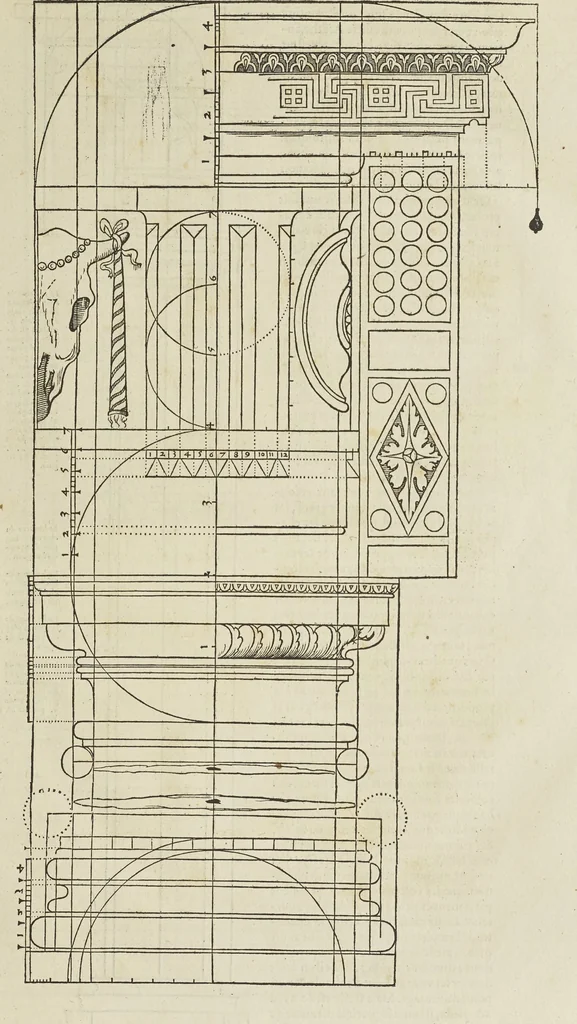 An illustration from Reigle generalle d'architectvre des cinq manieres de colonnes : à sçauoir, tuscane, dorique, ionique, corinthe, & cõposite : & enrichi de plusieurs autres, à exemple de l'antique, 1568, leaf 16
