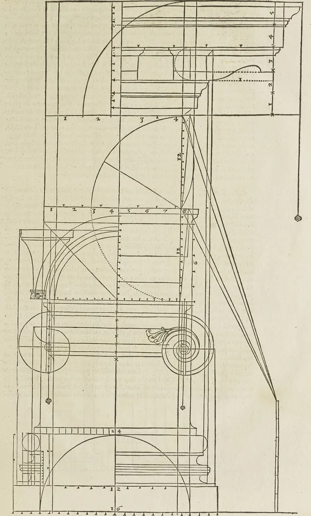 An illustration from Reigle generalle d'architectvre des cinq manieres de colonnes : à sçauoir, tuscane, dorique, ionique, corinthe, & cõposite : & enrichi de plusieurs autres, à exemple de l'antique, 1568, leaf 24