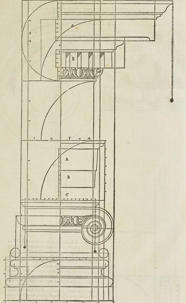 An illustration from Reigle generalle d'architectvre des cinq manieres de colonnes : à sçauoir, tuscane, dorique, ionique, corinthe, & cõposite : & enrichi de plusieurs autres, à exemple de l'antique, 1568, leaf 34
