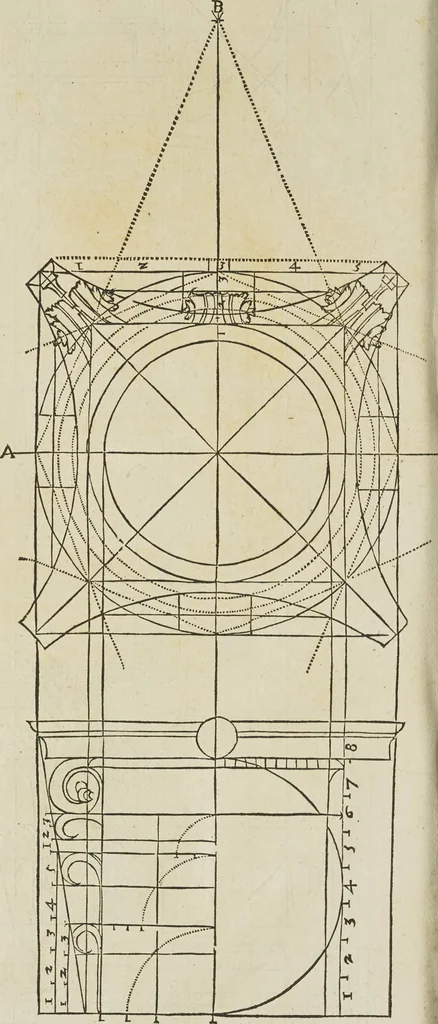 An illustration from Reigle generalle d'architectvre des cinq manieres de colonnes : à sçauoir, tuscane, dorique, ionique, corinthe, & cõposite : & enrichi de plusieurs autres, à exemple de l'antique, 1568, leaf 45